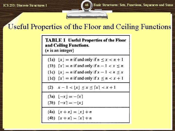 ICS 253: Discrete Structures I 46 Basic Structures: Sets, Functions, Sequences and Sums Useful