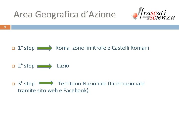 Area Geografica d’Azione 9 1° step Roma, zone limitrofe e Castelli Romani 2° step Area Geografica d’Azione 9 1° step Roma, zone limitrofe e Castelli Romani 2° step