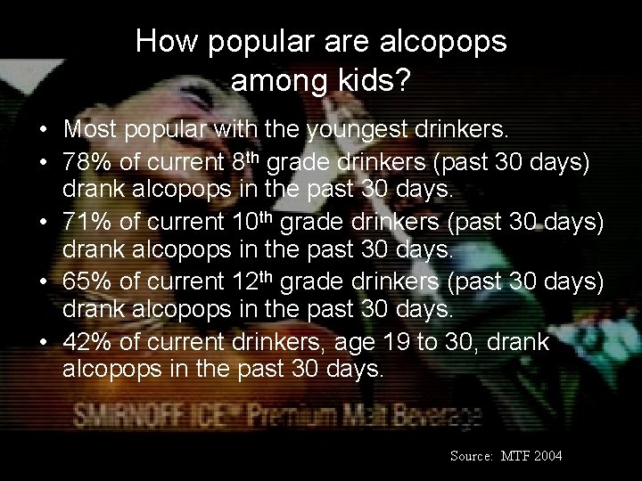 How popular are alcopops among kids? • Most popular with the youngest drinkers. •