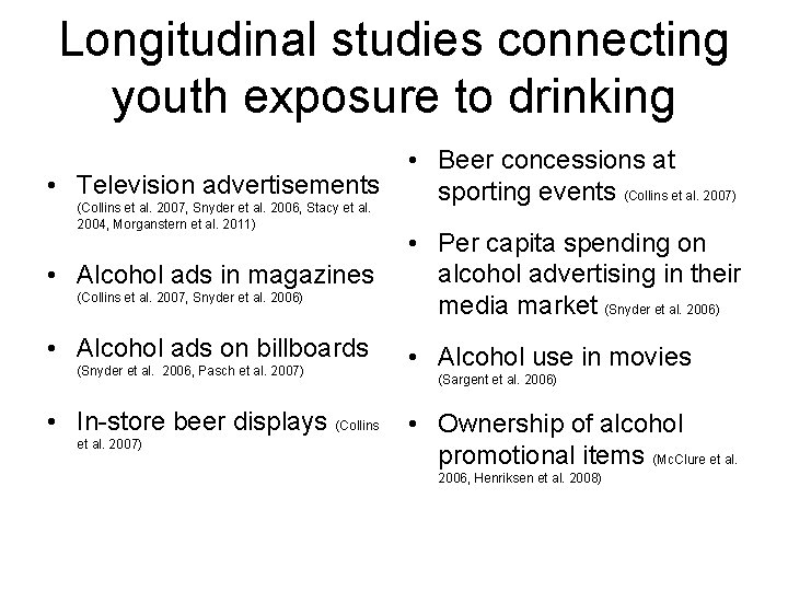 Longitudinal studies connecting youth exposure to drinking • Television advertisements (Collins et al. 2007,
