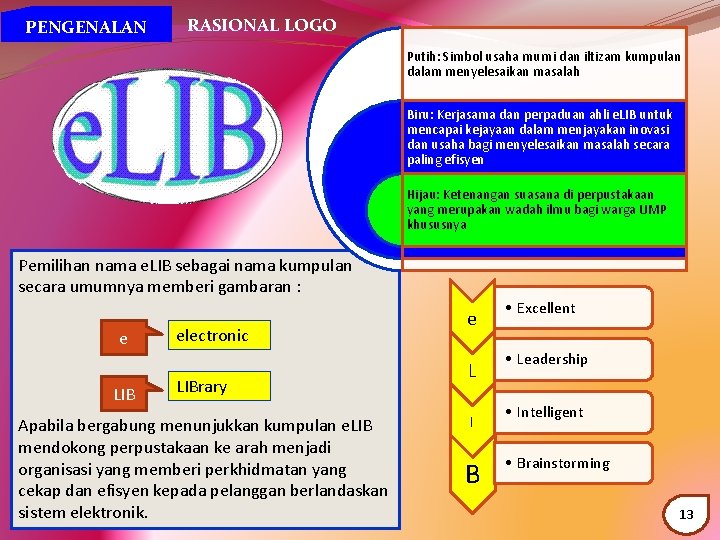 PENGENALAN RASIONAL LOGO Putih: Simbol usaha murni dan iltizam kumpulan dalam menyelesaikan masalah Biru: