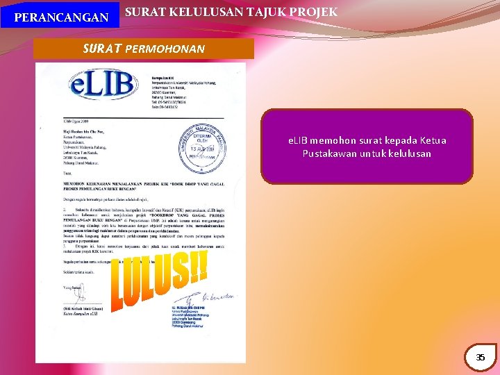  PERANCANGAN SURAT KELULUSAN TAJUK PROJEK SURAT PERMOHONAN e. LIB memohon surat kepada Ketua