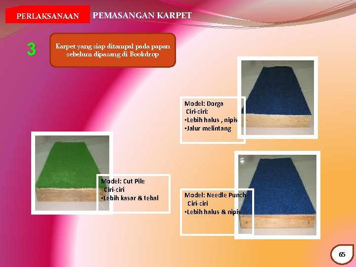 PERLAKSANAAN 3 PEMASANGAN KARPET Karpet yang siap ditampal pada papan sebelum dipasang di Bookdrop