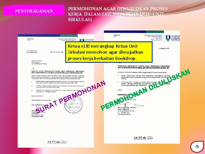 PERMOHONAN AGAR DIWUJUDKAN PROSES KERJA DALAM FAIL MEJA PEMBANTU UNIT SIRKULASI PENYERAGAMAN Ketua e.