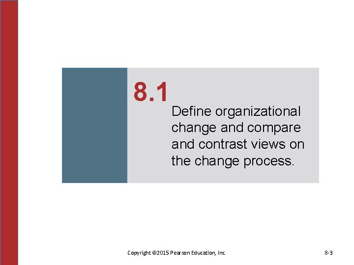 8. 1 Define organizational change and compare and contrast views on the change process.