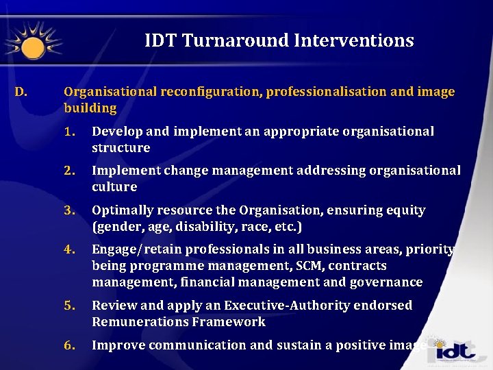 IDT Turnaround Interventions D. Organisational reconfiguration, professionalisation and image building 1. Develop and implement