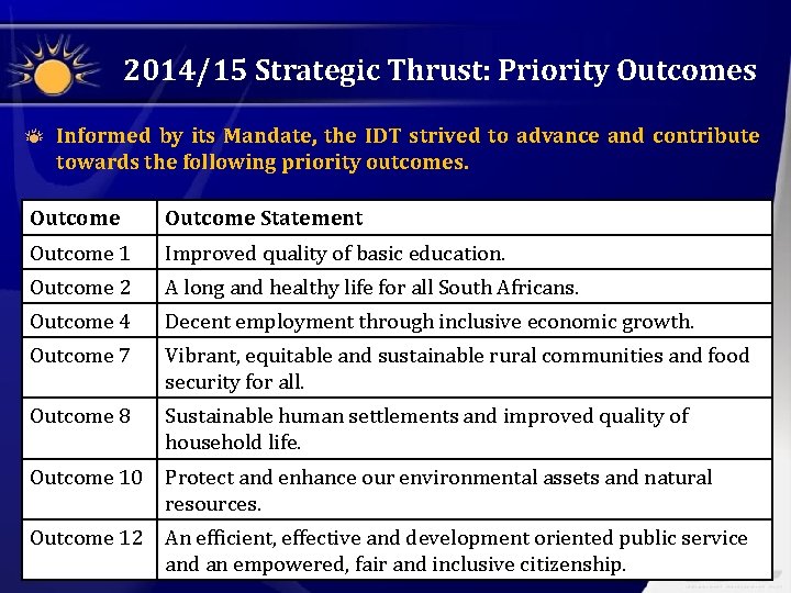 2014/15 Strategic Thrust: Priority Outcomes Informed by its Mandate, the IDT strived to advance 2014/15 Strategic Thrust: Priority Outcomes Informed by its Mandate, the IDT strived to advance