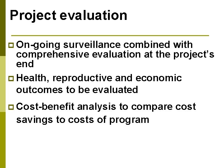 Project evaluation p On-going surveillance combined with comprehensive evaluation at the project’s end p