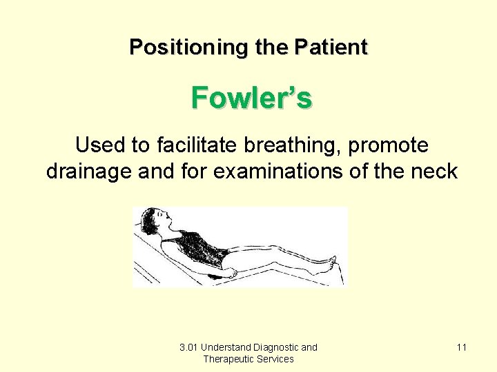 Positioning the Patient Fowler’s Used to facilitate breathing, promote drainage and for examinations of