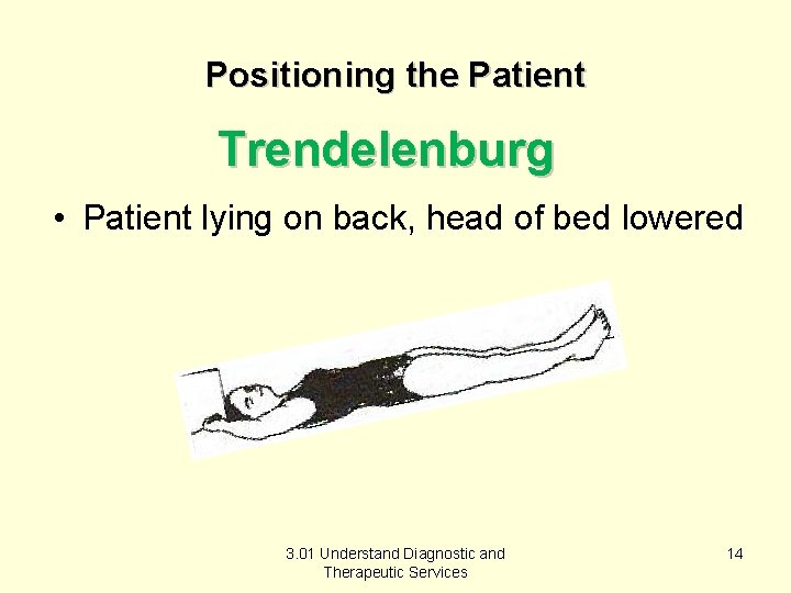 Positioning the Patient Trendelenburg • Patient lying on back, head of bed lowered 3.