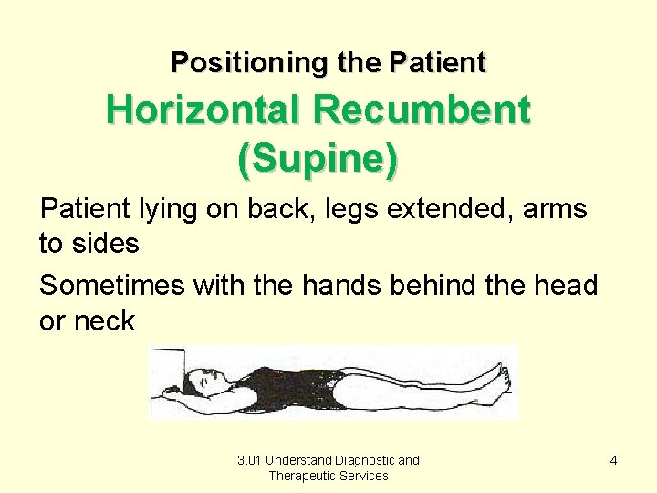 Positioning the Patient Horizontal Recumbent (Supine) Patient lying on back, legs extended, arms to