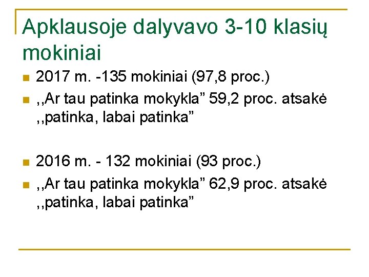 Apklausoje dalyvavo 3 -10 klasių mokiniai n n 2017 m. -135 mokiniai (97, 8