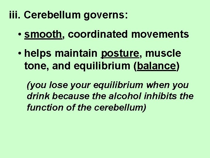 iii. Cerebellum governs: • smooth, coordinated movements • helps maintain posture, muscle tone, and