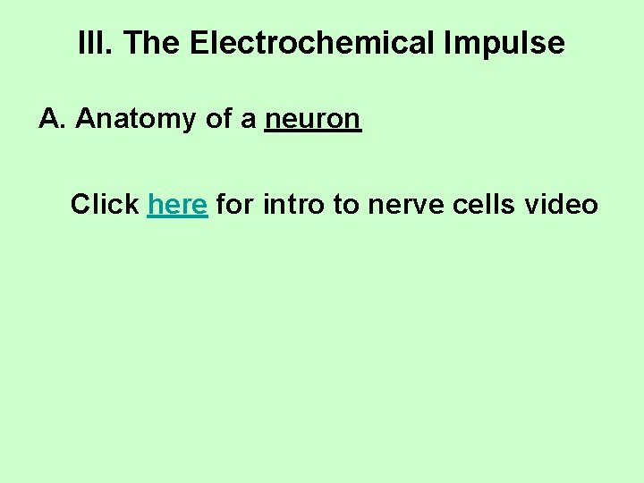 III. The Electrochemical Impulse A. Anatomy of a neuron Click here for intro to