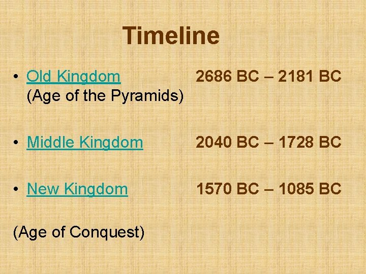 Timeline • Old Kingdom 2686 BC – 2181 BC (Age of the Pyramids) •