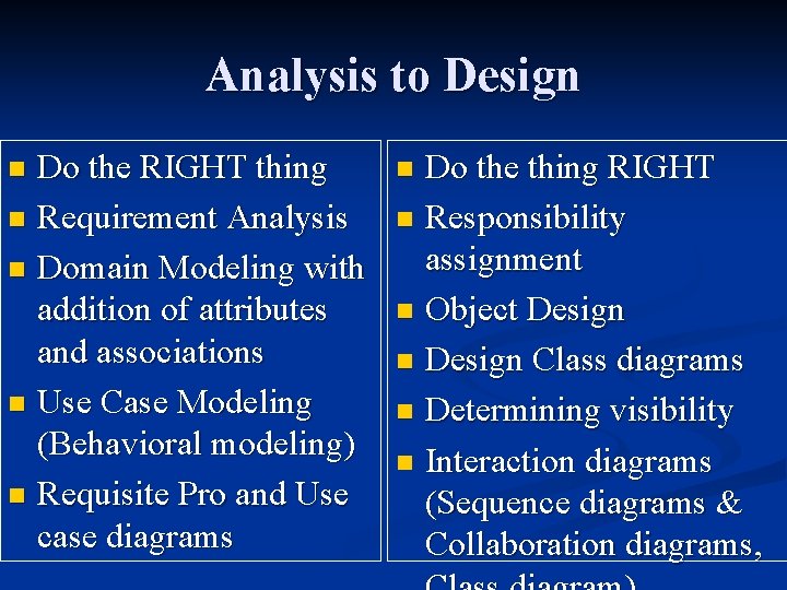 Analysis to Design Do the RIGHT thing n Requirement Analysis n Domain Modeling with Analysis to Design Do the RIGHT thing n Requirement Analysis n Domain Modeling with