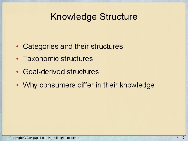 Knowledge Structure • Categories and their structures • Taxonomic structures • Goal-derived structures •