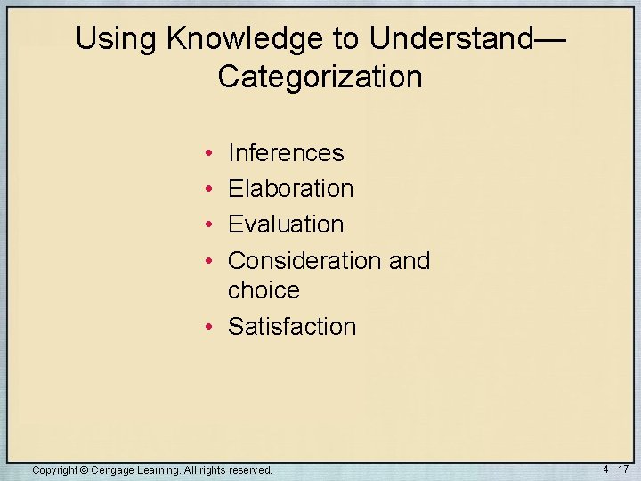 Using Knowledge to Understand— Categorization • • Inferences Elaboration Evaluation Consideration and choice •