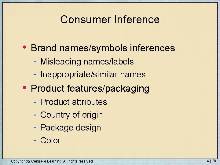 Consumer Inference • Brand names/symbols inferences - Misleading names/labels - Inappropriate/similar names • Product