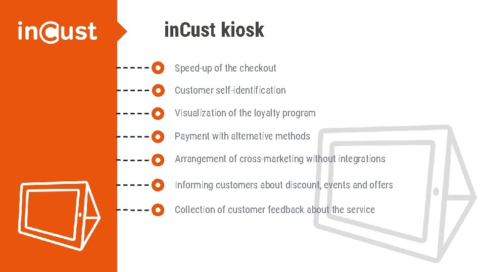 in. Cust kiosk Speed-up of the checkout Customer self-identification Visualization of the loyalty program