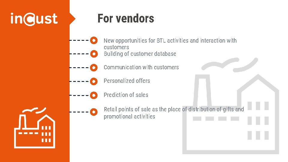 For vendors New opportunities for BTL activities and interaction with customers Building of customer