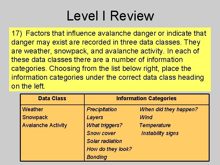 Level I Review 17) Factors that influence avalanche danger or indicate that danger may