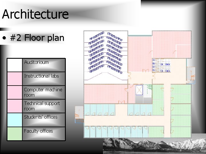 Architecture • #2 Floor plan Auditorioum Instructional labs Computer machine room Technical support room