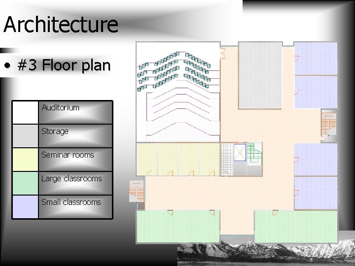 Architecture • #3 Floor plan Auditorium Storage Seminar rooms Large classrooms Small classrooms 