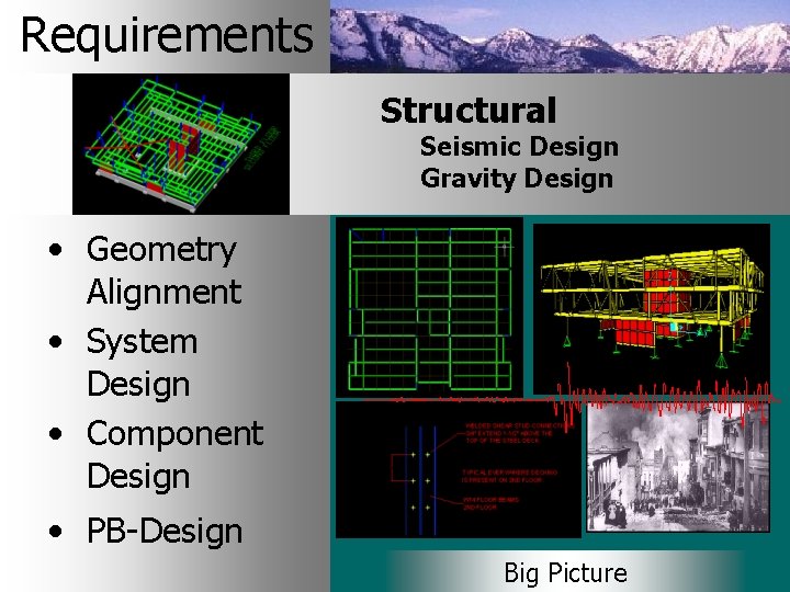 Requirements Structural Seismic Design Gravity Design • Geometry Alignment • System Design • Component