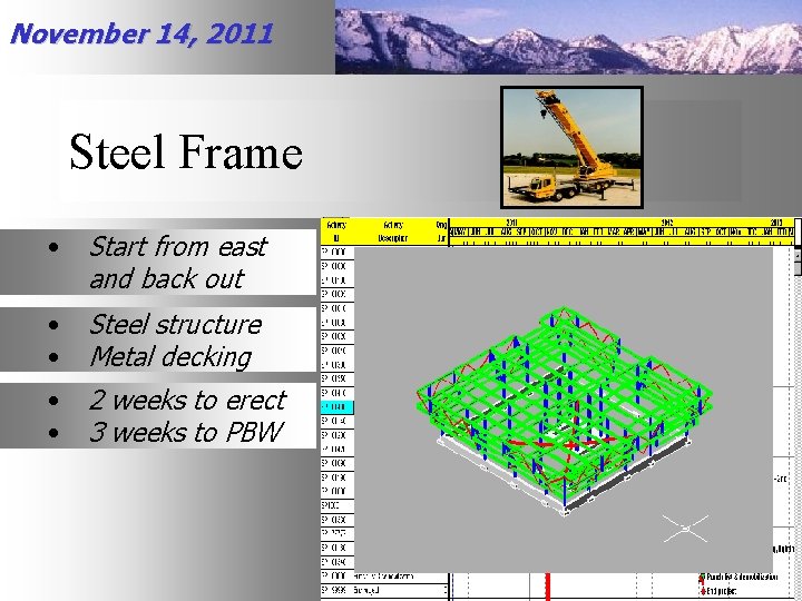 November 14, 2011 Steel Frame • Start from east and back out • •