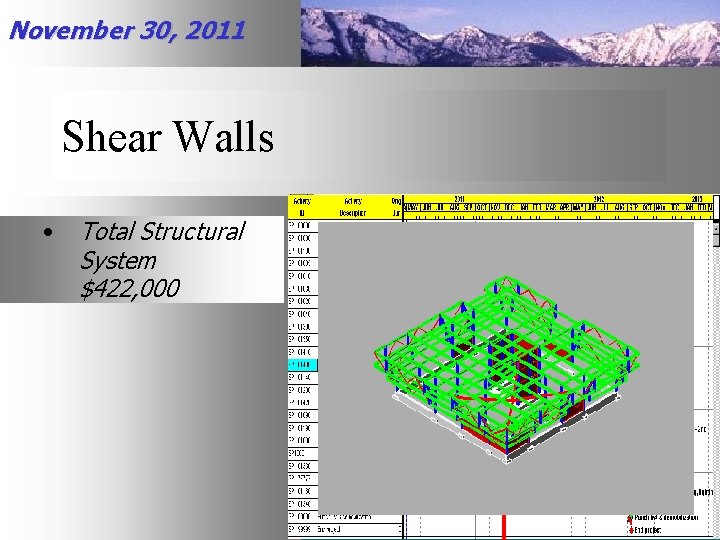 November 30, 2011 Shear Walls • Total Structural System $422, 000 