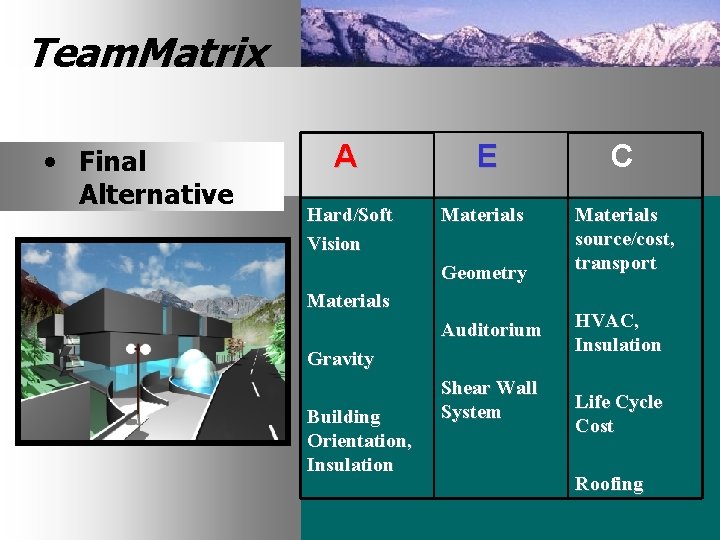 Team. Matrix • Final Alternative A E C Hard/Soft Vision Materials source/cost, transport Geometry