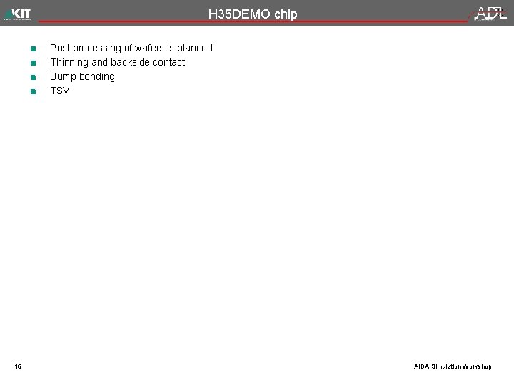 H 35 DEMO chip Post processing of wafers is planned Thinning and backside contact