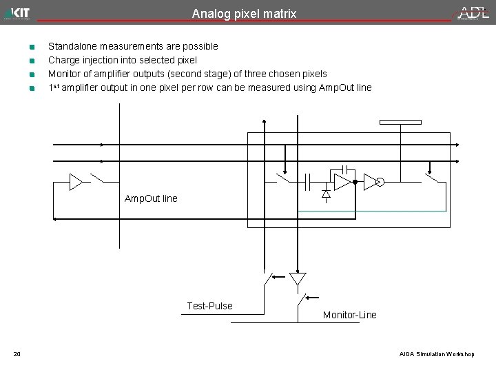 Analog pixel matrix Standalone measurements are possible Charge injection into selected pixel Monitor of