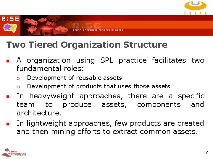 Two Tiered Organization Structure A organization using SPL practice facilitates two fundamental roles: Development Two Tiered Organization Structure A organization using SPL practice facilitates two fundamental roles: Development