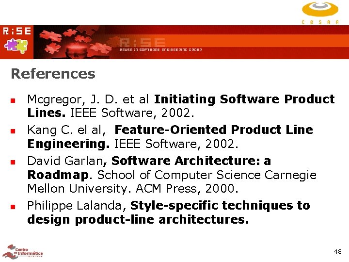 References Mcgregor, J. D. et al Initiating Software Product Lines. IEEE Software, 2002. Kang References Mcgregor, J. D. et al Initiating Software Product Lines. IEEE Software, 2002. Kang