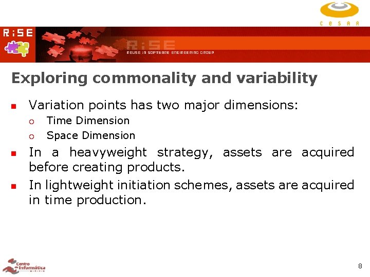 Exploring commonality and variability Variation points has two major dimensions: Time Dimension Space Dimension Exploring commonality and variability Variation points has two major dimensions: Time Dimension Space Dimension