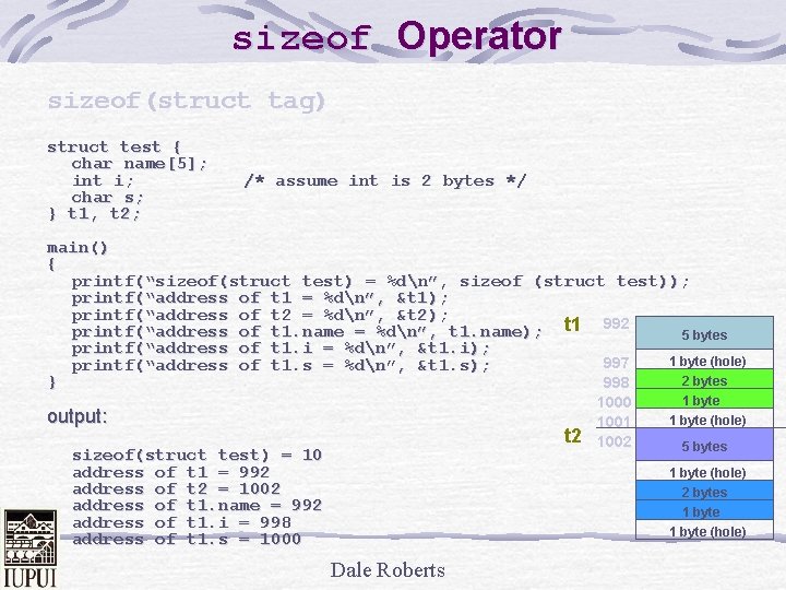 sizeof Operator sizeof(struct tag) struct test { char name[5]; int i; char s; }
