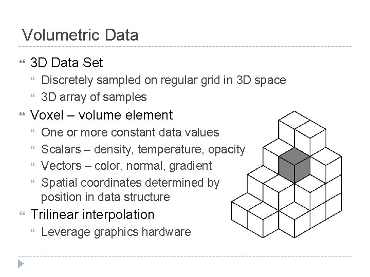 Volumetric Data 3 D Data Set Voxel – volume element Discretely sampled on regular