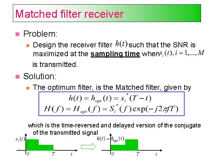 Matched filter receiver Problem: Design the receiver filter such that the SNR is maximized