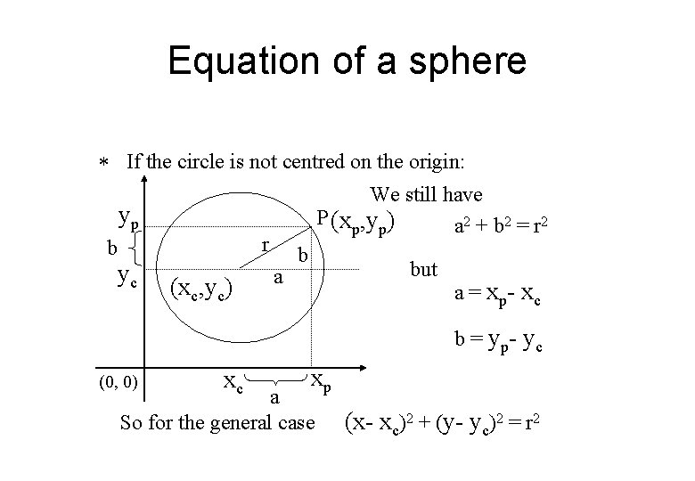 Equation of a sphere * If the circle is not centred on the origin: