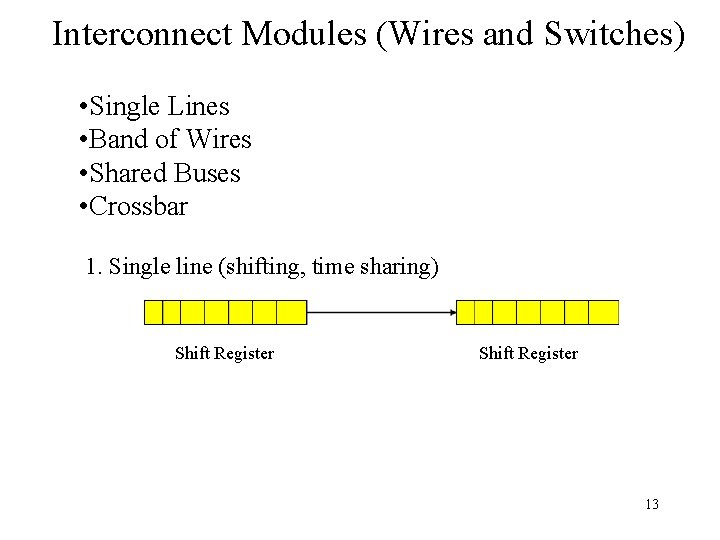 Interconnect Modules (Wires and Switches) • Single Lines • Band of Wires • Shared