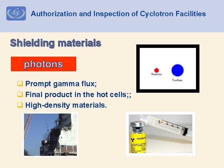 Authorization and Inspection of Cyclotron Facilities Shielding materials photons q Prompt gamma flux; q