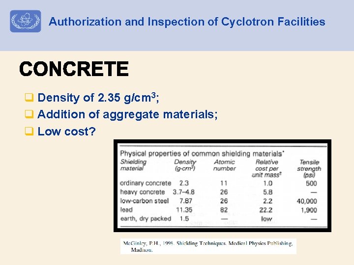 Authorization and Inspection of Cyclotron Facilities q Density of 2. 35 g/cm 3; q