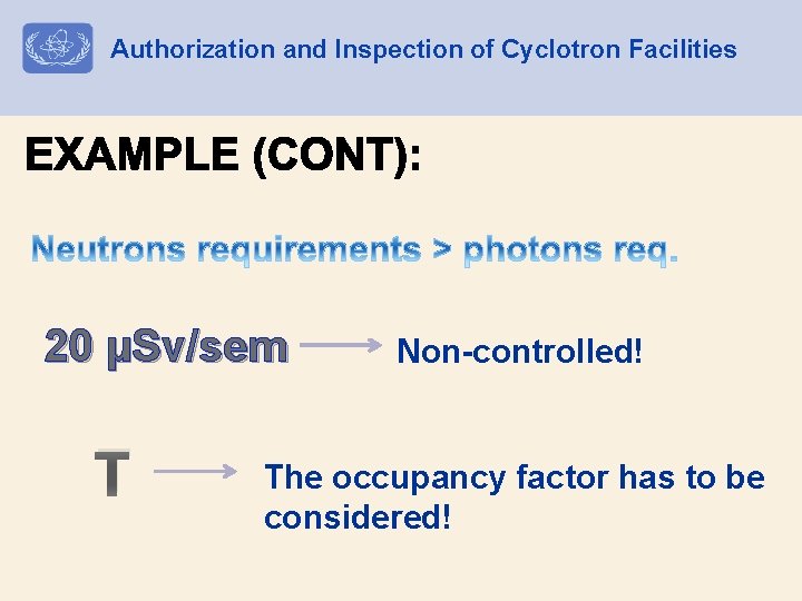 Authorization and Inspection of Cyclotron Facilities 20 µSv/sem T Non-controlled! The occupancy factor has