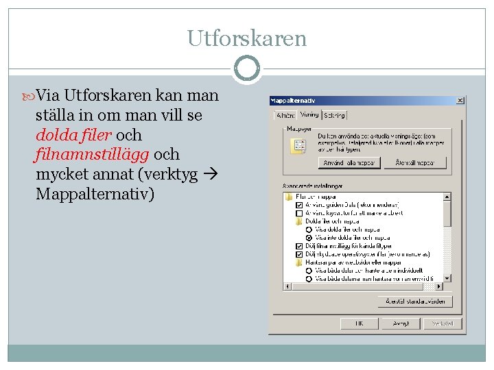 Utforskaren Via Utforskaren kan man ställa in om man vill se dolda filer och Utforskaren Via Utforskaren kan man ställa in om man vill se dolda filer och