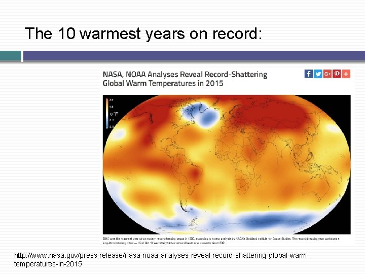 The 10 warmest years on record: http: //www. nasa. gov/press-release/nasa-noaa-analyses-reveal-record-shattering-global-warmtemperatures-in-2015 