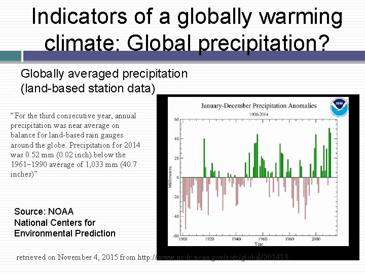 Indicators of a globally warming climate: Global precipitation? � � Globally averaged precipitation (land-based