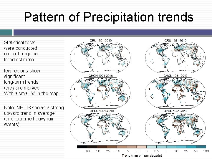 Pattern of Precipitation trends Statistical tests were conducted on each regional trend estimate few