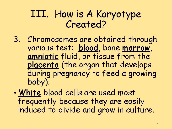 III. How is A Karyotype Created? 3. Chromosomes are obtained through various test: blood,